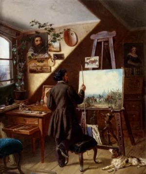Painting Horses In The Studio, A Self Portrait painting by Gustav Adolf Friedrich