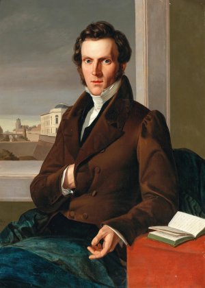 Portrait of a Gentleman in the background view of the Morizbastei with Burgerschule Leipzig by Gustav Adolf Henning Oil Painting