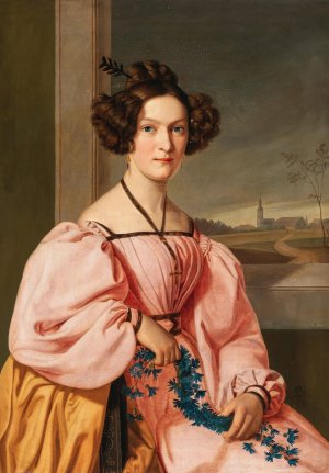 Portrait of a Lady with a Cornflower Wreath in the background belltower of Leipzig by Gustav Adolf Henning Oil Painting