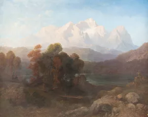 Alpine panorama with mountain lake by Gustav Adolf Horst Oil Painting