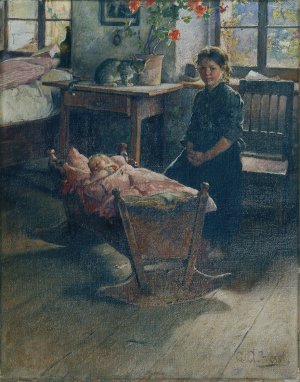 An der Wiege by Gustav August Hessl Oil Painting