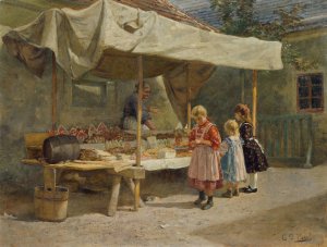 At the Gingerbread Booth by Gustav August Hessl Oil Painting