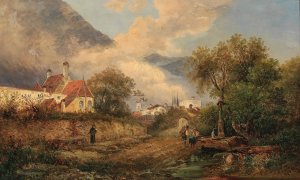 By the Fountain before the Village by Gustav Barbarini Oil Painting
