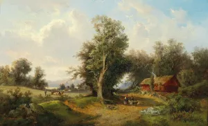 Landscape in the Alpine Foothills with Grazing Cattle Oil painting by Gustav Barbarini