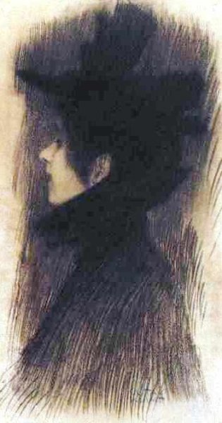 Girl with Hat and Cape in Profile by Gustav Klimt - Hand-Painted Oil Painting Reproduction