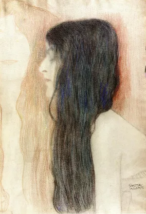 Girl with Long Hair, with a sketch for 'Nude Veritas Oil painting by Gustav Klimt