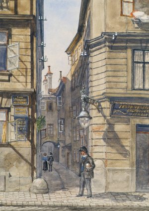 Die Brunngasse mit dem ersten vegetarischen Restaurant in Wien by Gustav Korompay Oil Painting