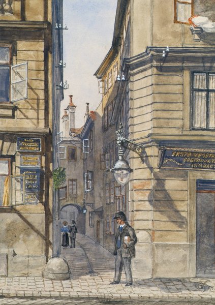 Main Product Photo of Die Brunngasse mit dem ersten vegetarischen Restaurant in Wien  Painting by Gustav Korompay