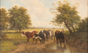 Herd of cows in vast landscape by Gustav Ranzoni Oil Painting