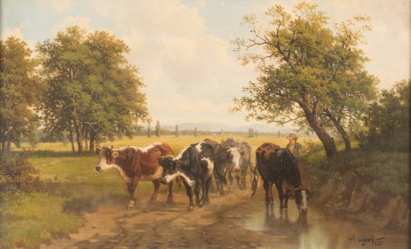Herd of cows in vast landscape  by Gustav Ranzoni - Hand-Painted Oil Painting Reproduction