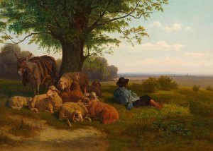 Schafhirte mit Herde bei der Mittagsrast by Gustav Ranzoni Oil Painting