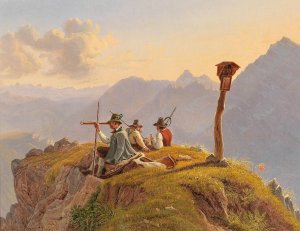Hunters Resting at the Summit, Scene in the Salzkammergut by Gustav Reinhold Oil Painting