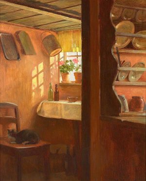 Almueinterior med sollys gennem vindue by Gustav Vermehren Oil Painting