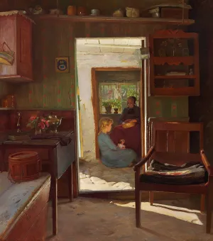 En lille pige og hendes bedstemoder i en dorabning Oil painting by Gustav Vermehren