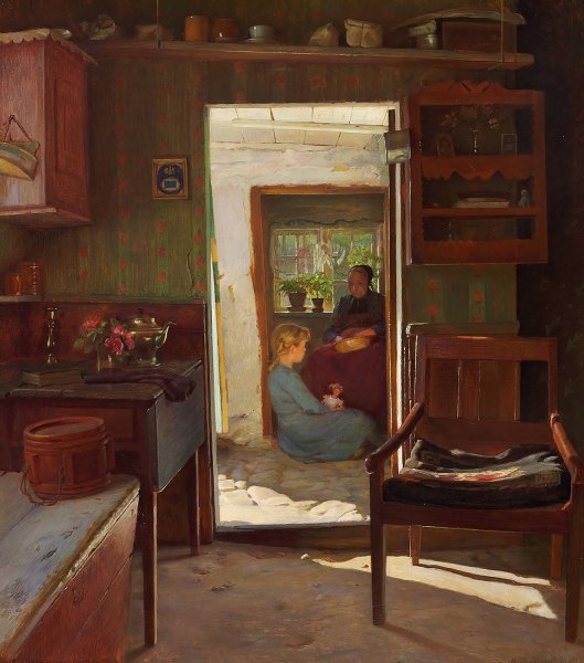 Main Product Photo of En lille pige og hendes bedstemoder i en dorabning  Painting by Gustav Vermehren