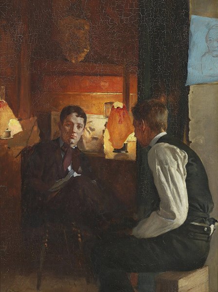 Main Product Photo of Interior med to unge maend, lampelys Painting by Gustav Vermehren