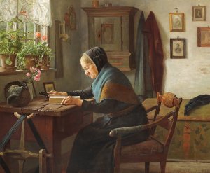 Karen Marie laeser i sin Bibel by Gustav Vermehren Oil Painting