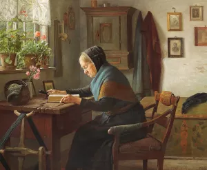 Karen Marie laeser i sin Bibel Oil painting by Gustav Vermehren