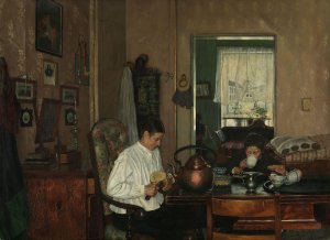 Breakfast I. The Artist's Mother and Brother by Gustav Wentzel Oil Painting