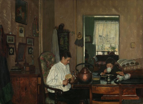 Breakfast I. The Artist's Mother and Brother  by Gustav Wentzel - Hand-Painted Oil Painting Reproduction