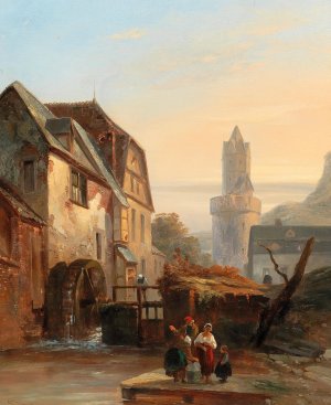 Andernach on the Rhine, Washerwomen by the Mill by Gustave Adolphe Simonau Oil Painting