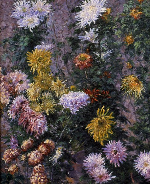 White and Yellow Chrysanthemums, Garden at Petit Gennevilliers by Gustave Caillebotte - Hand-Painted Oil Painting Reproduction