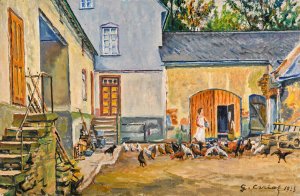 La cour a Muller, Frieda et ses poules by Gustave Cariot Oil Painting