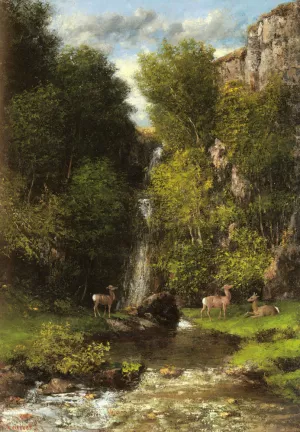 A Family of Deer in a Landscape with a Waterfall painting by Gustave Courbet