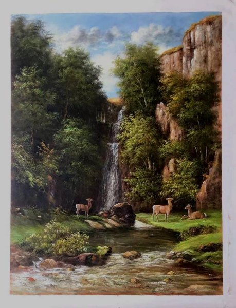 A Family of Deer in a Landscape with a Waterfall