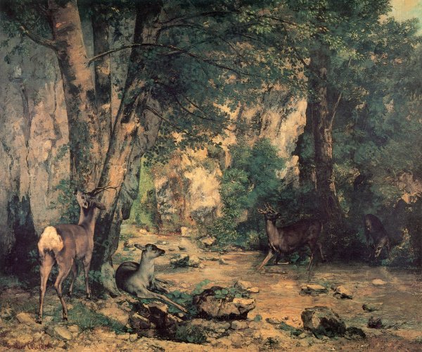 Main Product Photo of A Thicket of Deer at the Stream of Plaisir-Fountaine Painting by Gustave Courbet