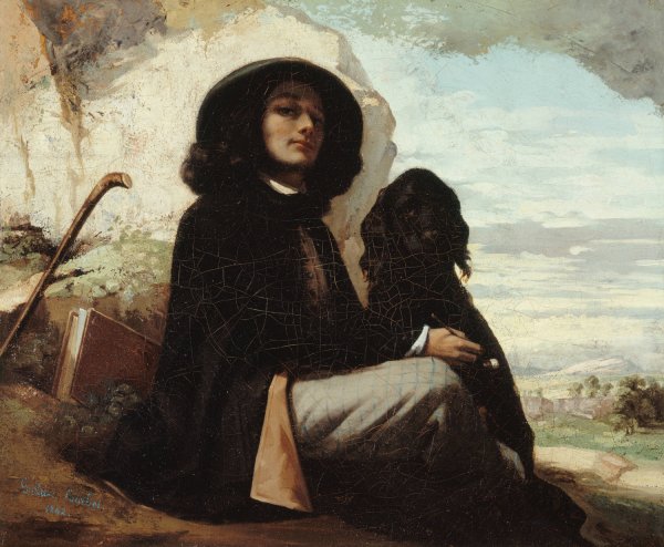 Autoportrait dit Courbet au chien noir  by Gustave Courbet - Hand-Painted Oil Painting Reproduction
