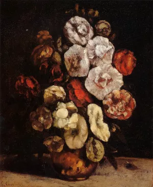 Hollyhocks in a Copper Bowl by Gustave Courbet Oil Painting