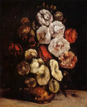 Hollyhocks in a Copper Bowl by Gustave Courbet - Oil Painting Reproduction