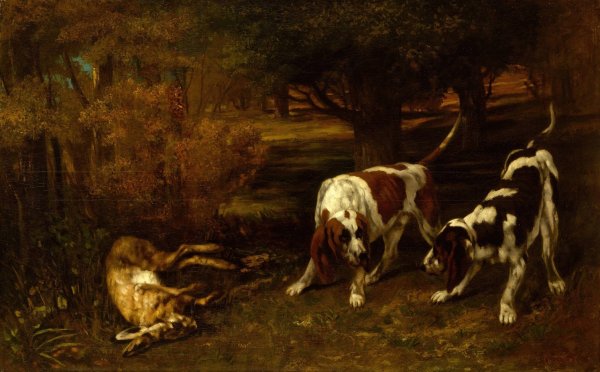 Hunting Dogs with Dead Hare  by Gustave Courbet - Hand-Painted Oil Painting Reproduction