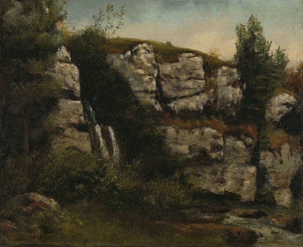 Landscape with Rocky Cliffs and a Waterfall  by Gustave Courbet - Hand-Painted Oil Painting Reproduction