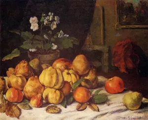 Still Life: Apples, Pears and Flowers on a Table, Saint Pelagie by Gustave Courbet - Oil Painting Reproduction