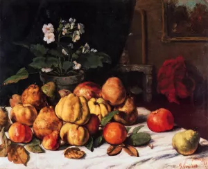 Still Life: Apples, Pears and Primroses on a Table by Gustave Courbet - Oil Painting Reproduction