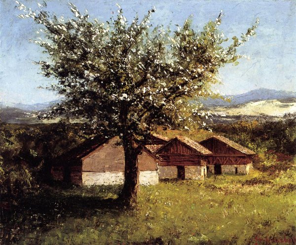 Swiss Landscape with Flowering Apple Tree by Gustave Courbet - Hand-Painted Oil Painting Reproduction