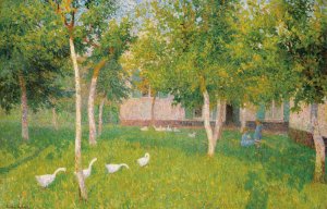 Oies Dans Un Jardin Avec Deux Enfants by Gustave De Smet Oil Painting