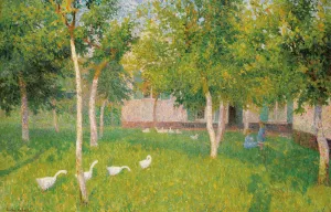 Oies Dans Un Jardin Avec Deux Enfants by Gustave De Smet Oil Painting