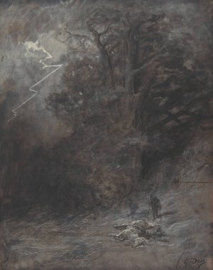 A Rider and a Dead Horse in a Landscape by Gustave Dore Oil Painting