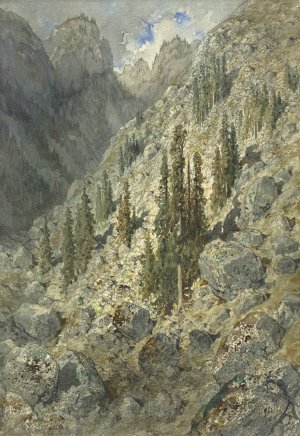 An Alpine Valley with Trees and Boulders Oil painting by Gustave Dore