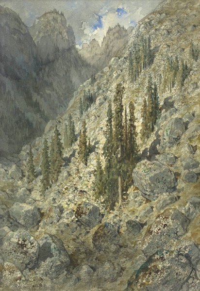 An Alpine Valley with Trees and Boulders  by Gustave Dore - Hand-Painted Oil Painting Reproduction