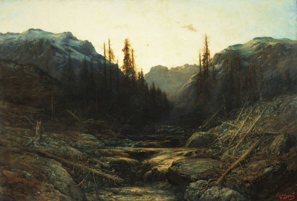 Stream in Mountains at Dusk  by Gustave Dore - Hand-Painted Oil Painting Reproduction