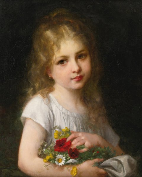 A young girl holding a bouquet by Gustave Doyen - Hand-Painted Oil Painting Reproduction