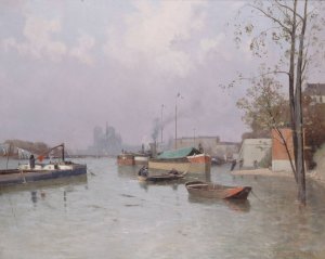 Crue de la Seine, aux abords du canal Saint-Martin, en novembre 1896 by Gustave-Edouard Le Senechal De Kerdreoret Oil Painting