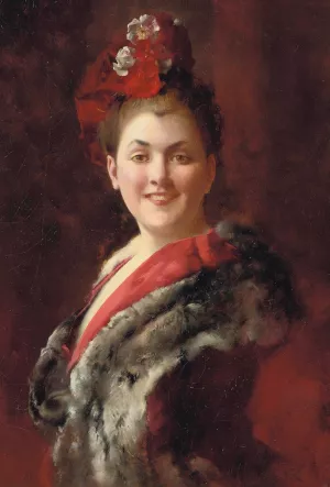 A lady in a fur-lined cape by Gustave Jean Jacquet Oil Painting