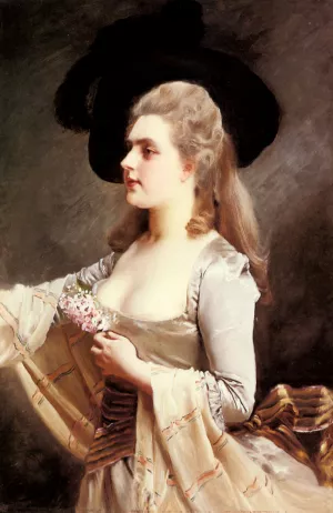 An Elegant Lady in a Black Hat by Gustave Jean Jacquet Oil Painting