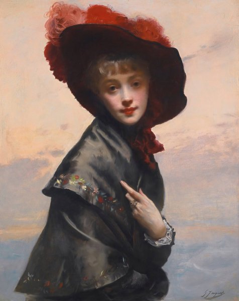 Dame au chapeau by Gustave Jean Jacquet - Hand-Painted Oil Painting Reproduction