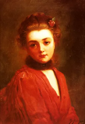 Portrait of a Girl in a Red Dress by Gustave Jean Jacquet - Oil Painting Reproduction